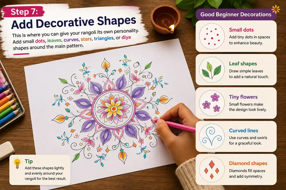 Rangoli with decorative dots, leaves, flowers, curves, and diamond shapes for beginners.