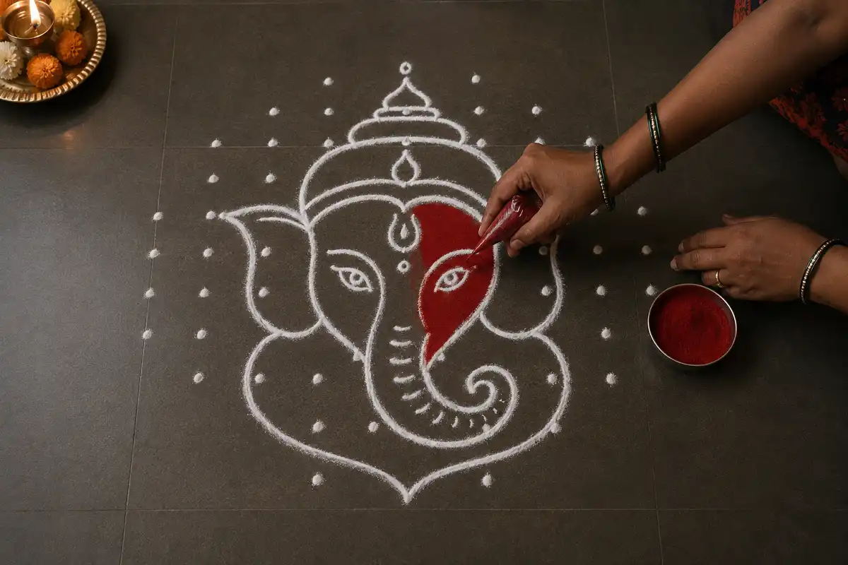 Step by step method for rangoli designs for Ganesh Chaturthi using a dotted grid