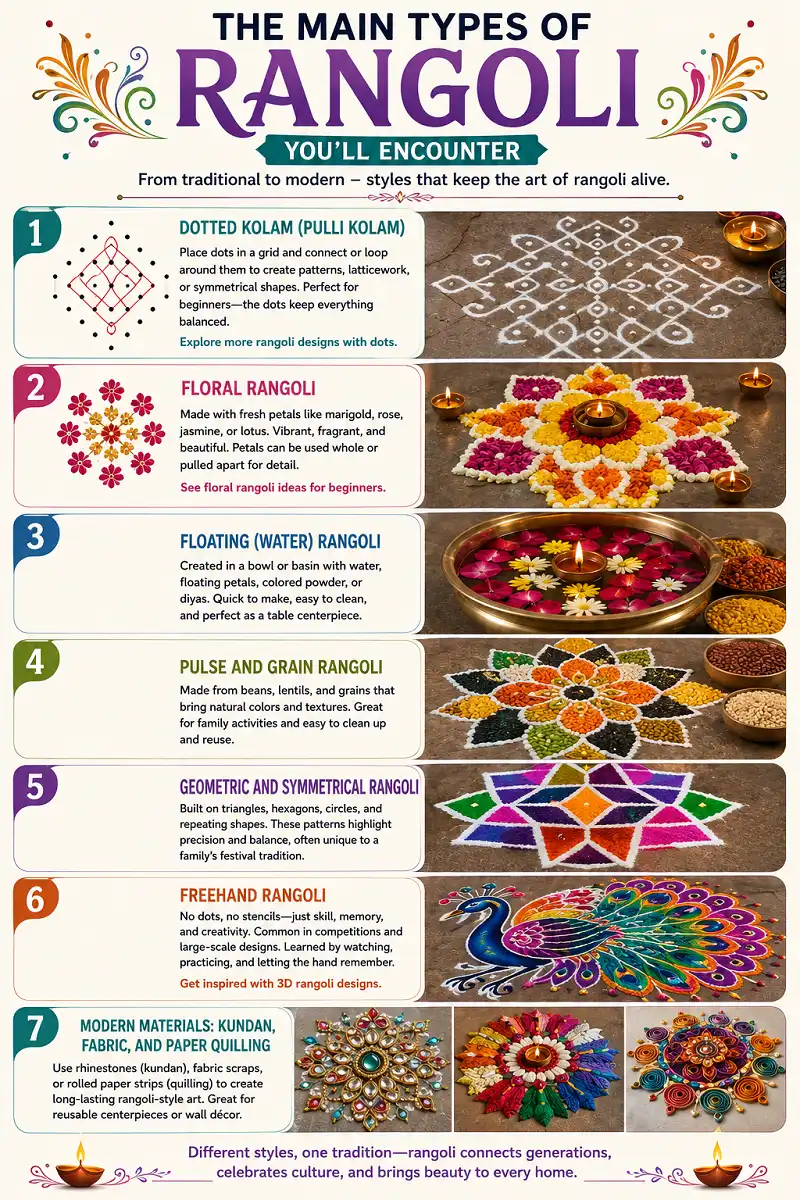 Infographic showing seven traditional and modern rangoli styles