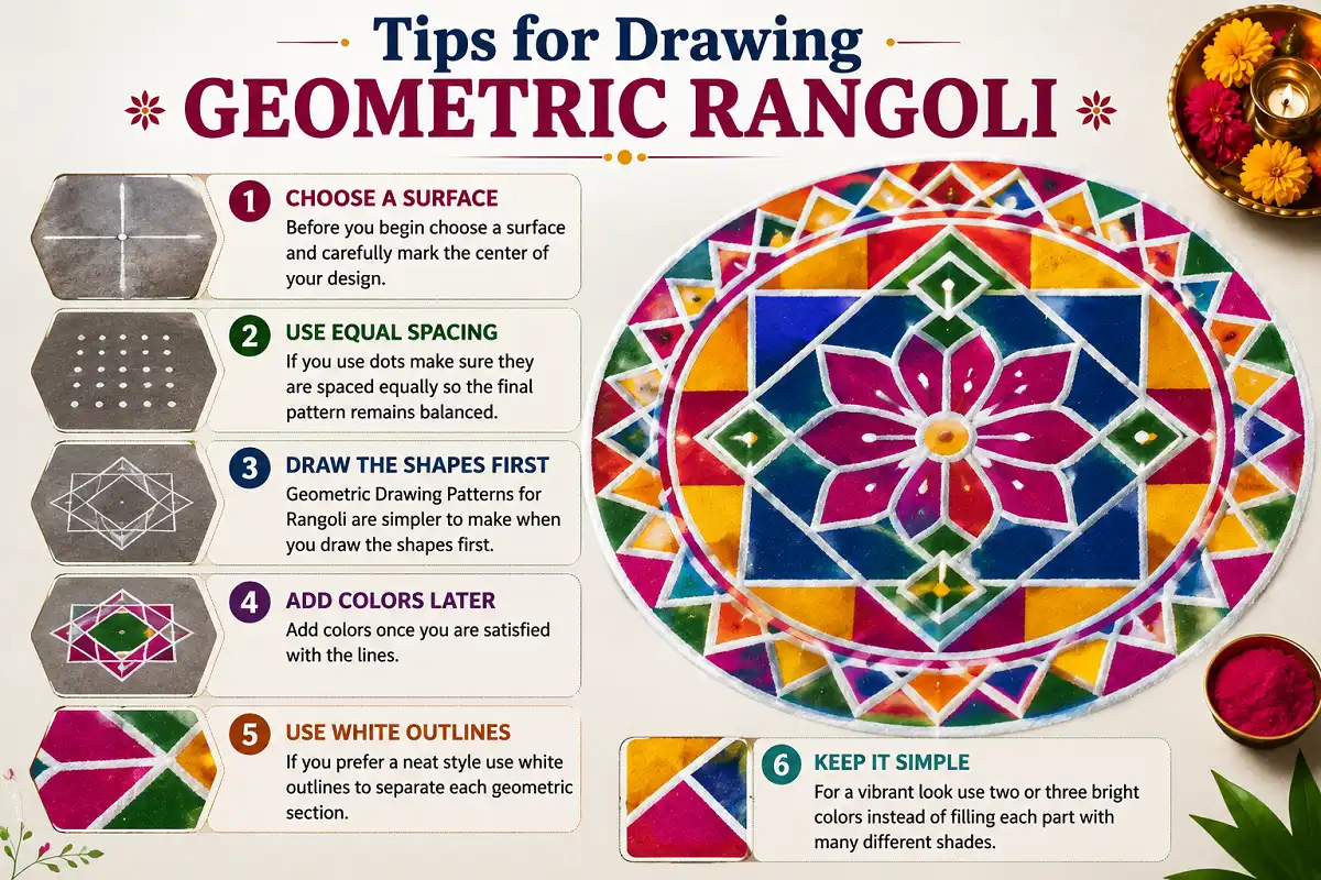 Tips for drawing geometric Rangoli patterns with balanced dot spacing