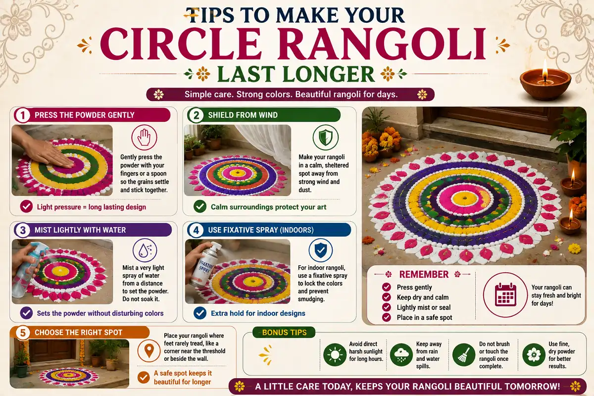 Infographic showing tips to keep a circle rangoli fresh and colorful longer.