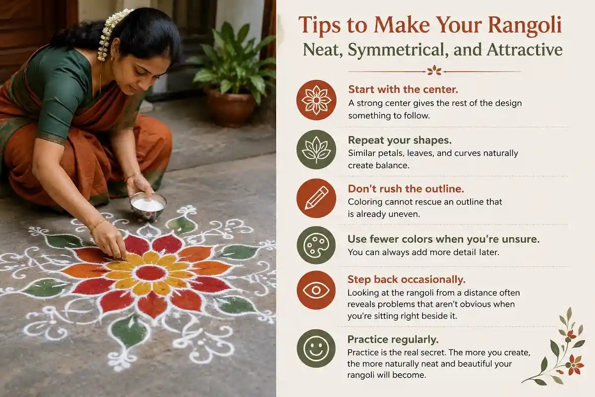 Woman creating a colorful rangoli with infographic tips for neat and symmetrical designs