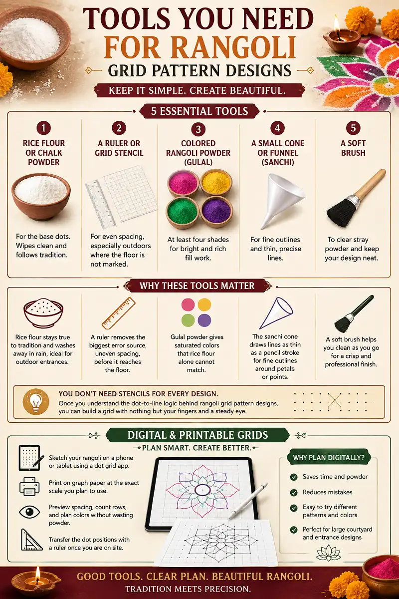 Rangoli grid design tools and digital planning guide.