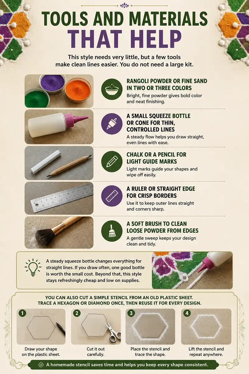 Infographic showing tools and materials for making clean rangoli designs.