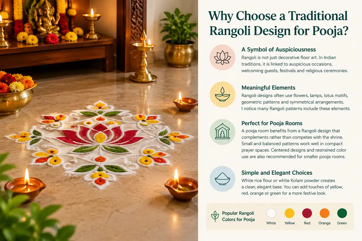 Traditional colorful rangoli with diyas and flowers in a peaceful pooja room