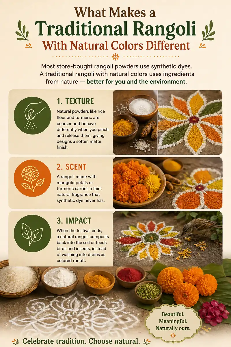 Traditional rangoli made with natural powders, flowers, spices, and grains.