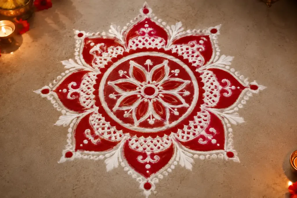 Traditional red and white rangoli with an intricate floral mandala design