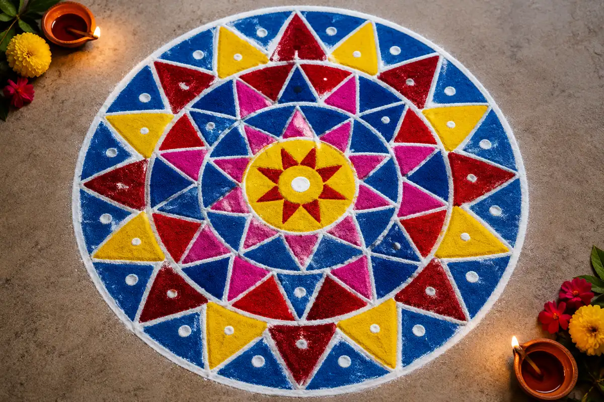 Colorful triangle mandala Rangoli with geometric patterns