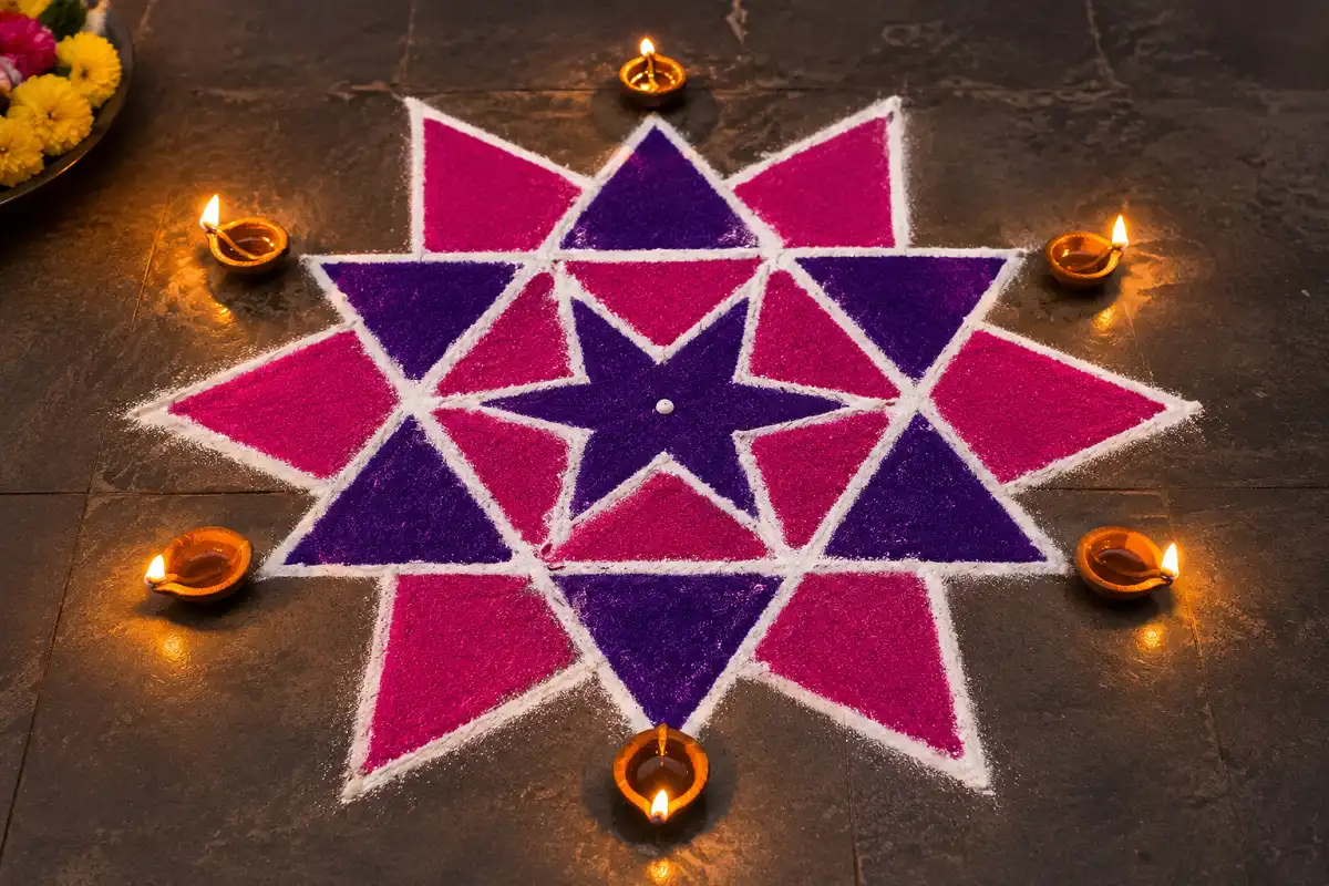 Colorful triangle star rangoli with white outlines and glowing diyas on a dark floor