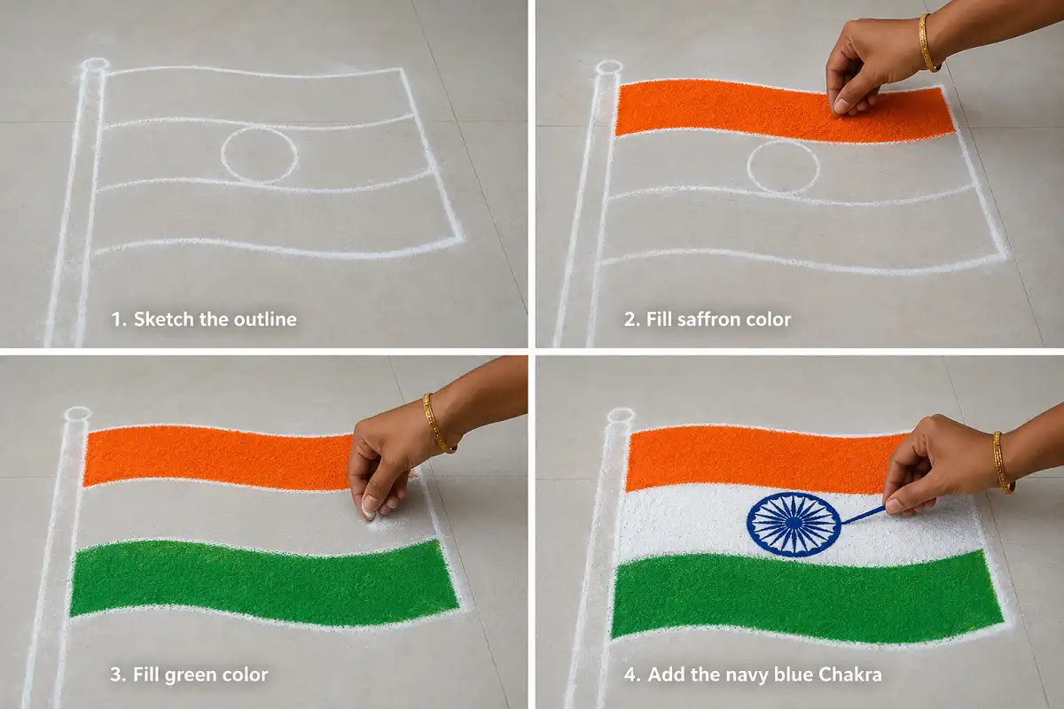 Step by step tutorial for making a rangoli for Independence Day flag design