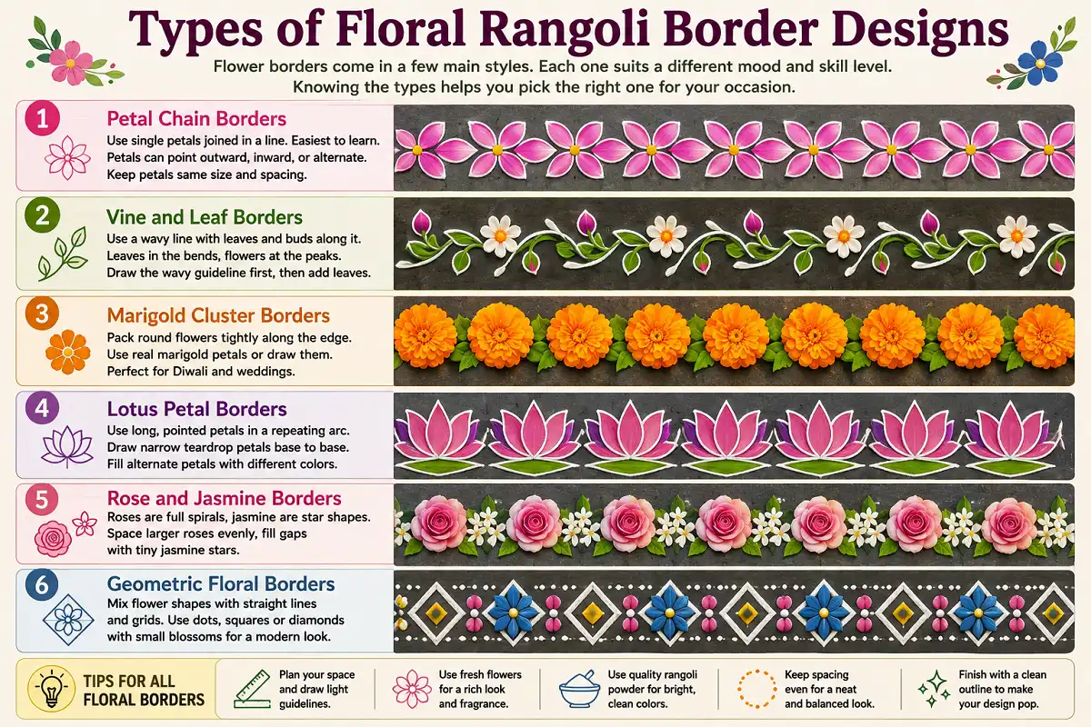 Infographic showing six floral rangoli border design styles with simple visual examples.