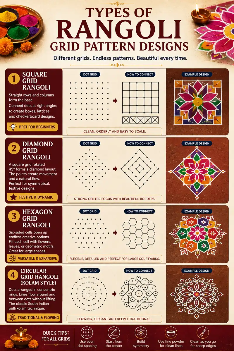 Four types of rangoli grid patterns including square, diamond, hexagon and circular designs.