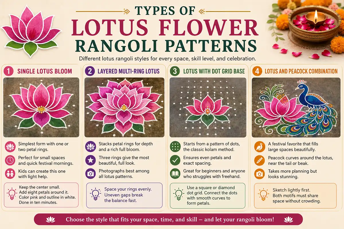 Infographic showing four lotus flower rangoli patterns from simple blooms to peacock designs.