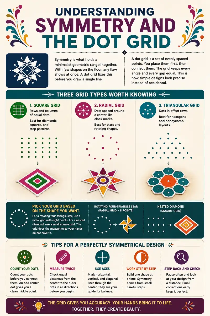 Infographic explaining rangoli symmetry and three types of dot grids.