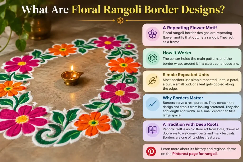 Floral rangoli border designs with repeating flower and leaf motifs around a rangoli.