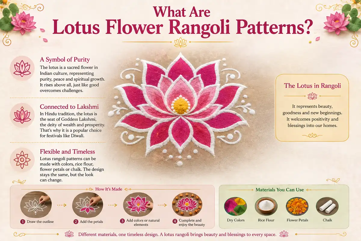Infographic explaining lotus flower rangoli patterns, symbolism, layers, and common materials.