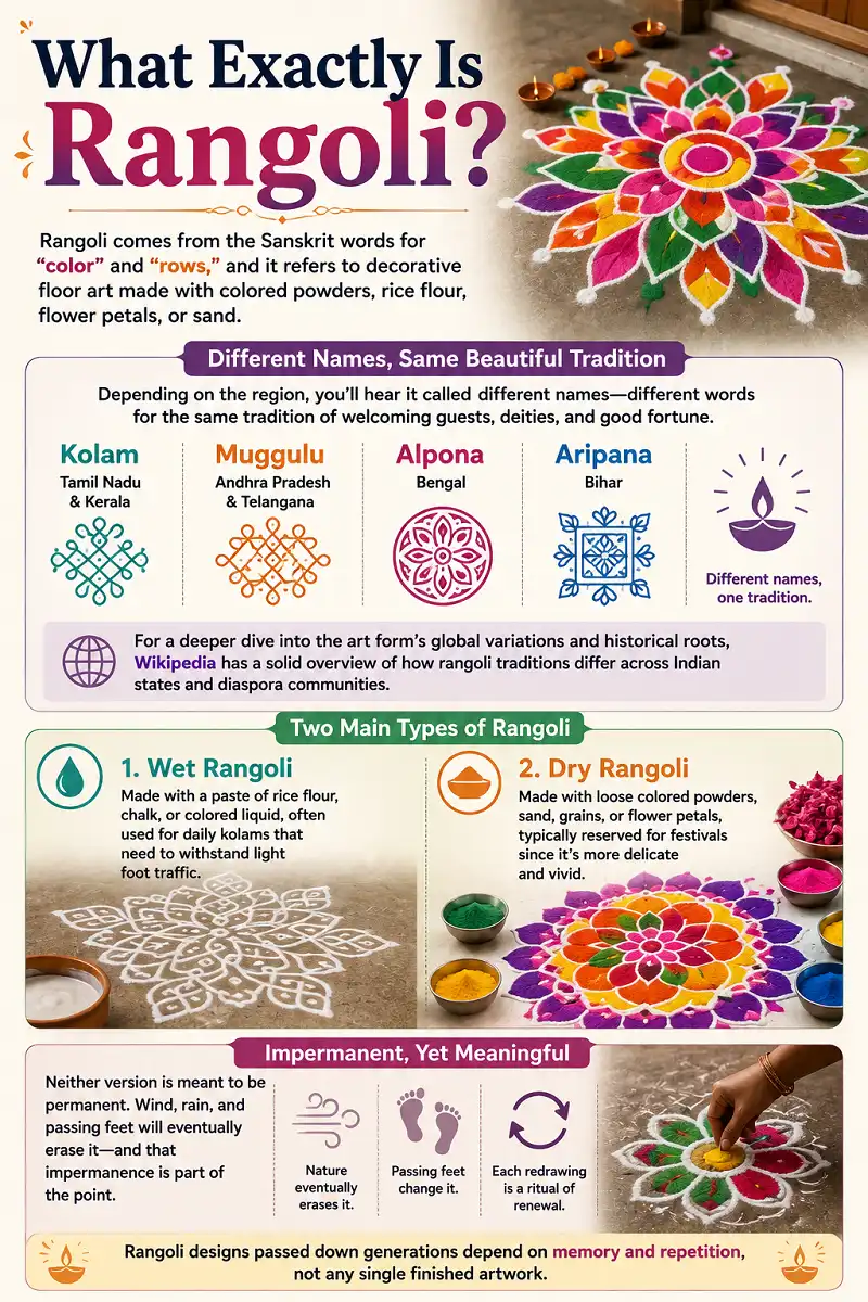 Infographic explaining rangoli types, regional names, and cultural meaning