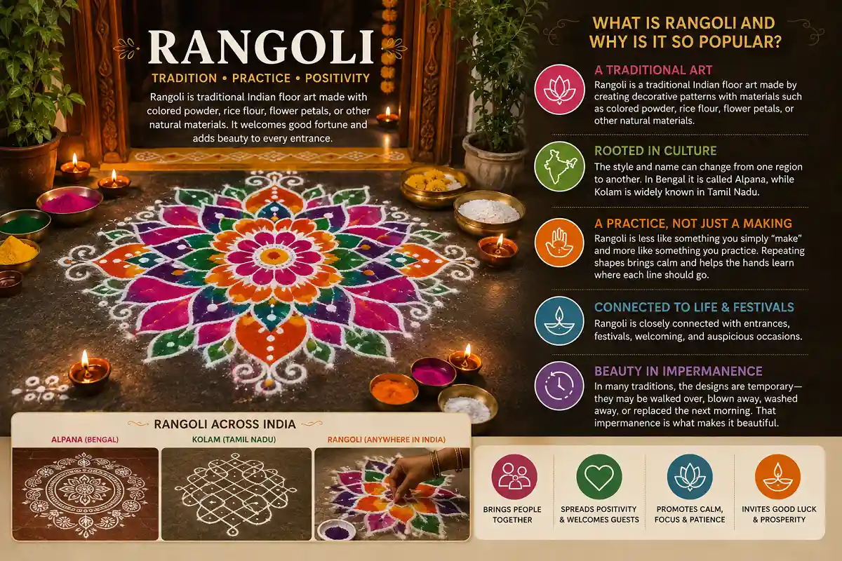 Traditional Indian rangoli with colorful designs, diyas, and cultural elements