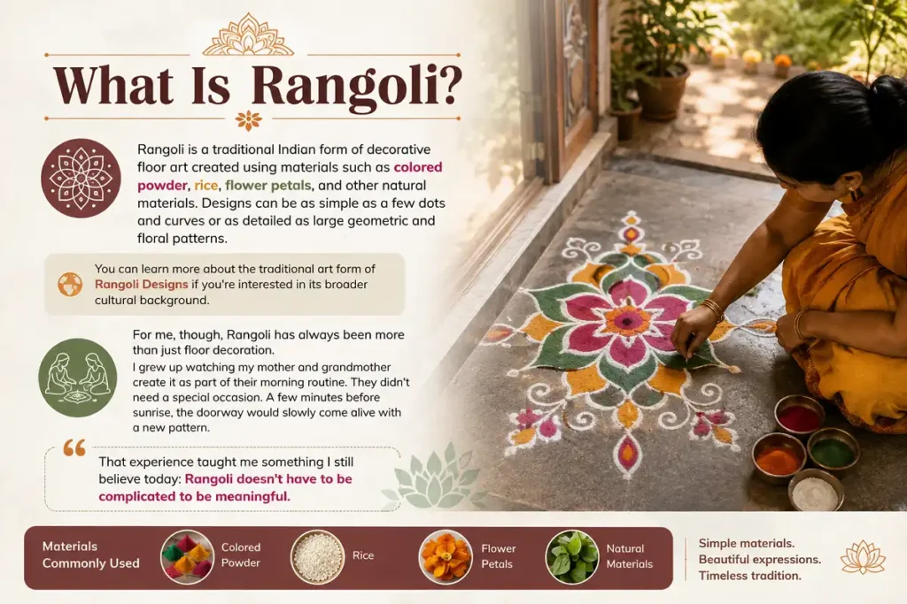 Traditional Rangoli art made with colorful powder and flower petals at an Indian doorway