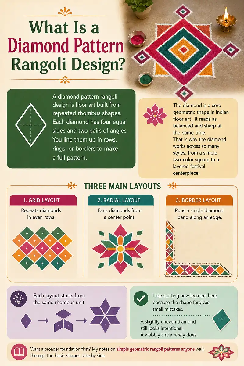 Infographic explaining diamond pattern rangoli layouts and beginner tips