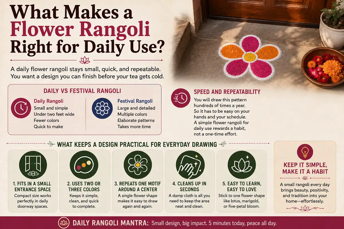 Infographic showing key features of a simple flower rangoli for everyday home decoration.
