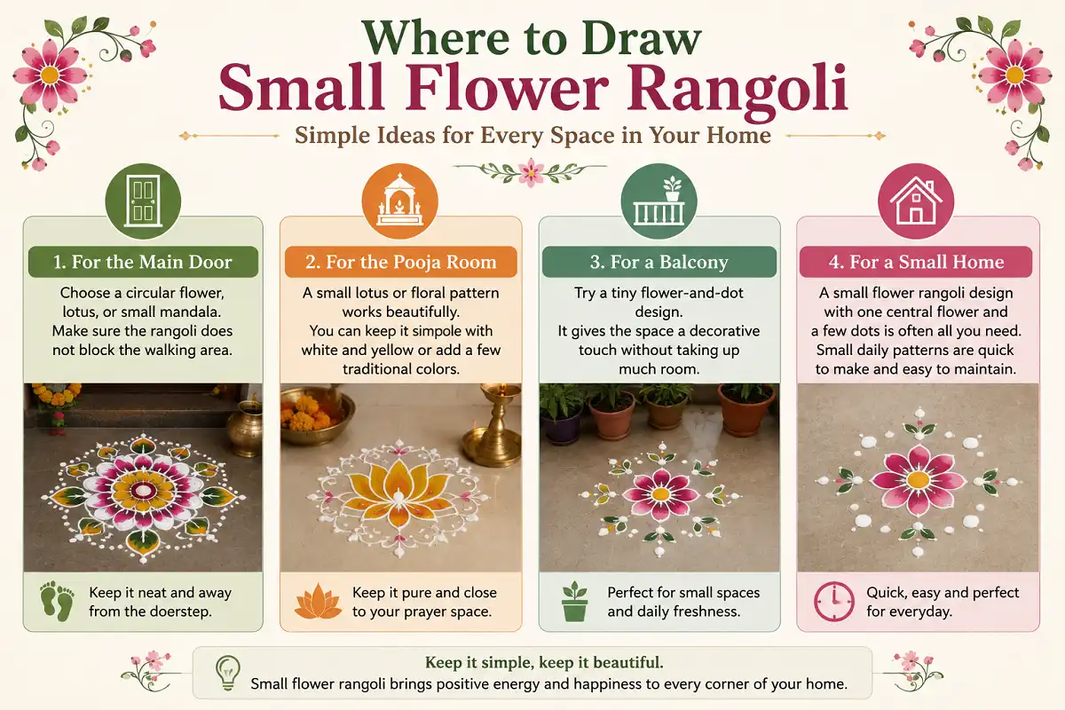 Infographic showing small flower rangoli ideas for the door, pooja room, balcony, and home