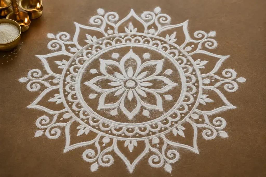 White rice flour rangoli with floral patterns and decorative diyas on a brown floor.
