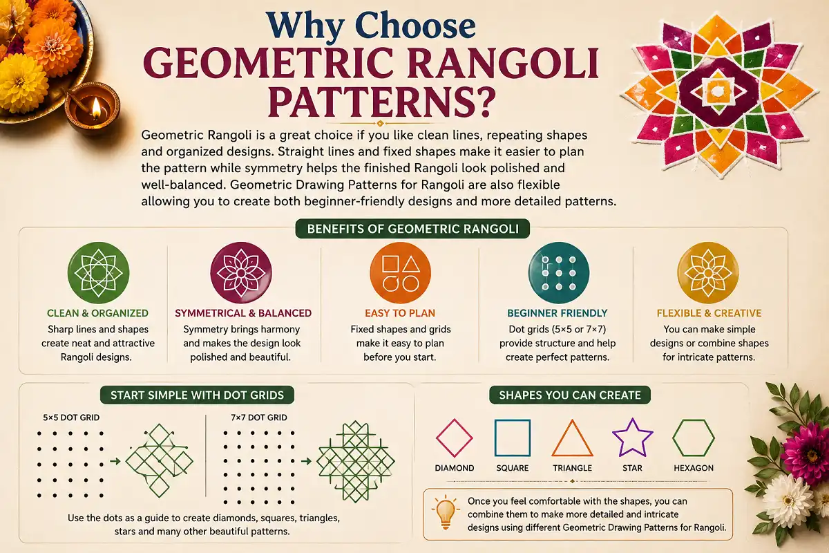 Why choose geometric Rangoli patterns with dot grids and geometric shapes