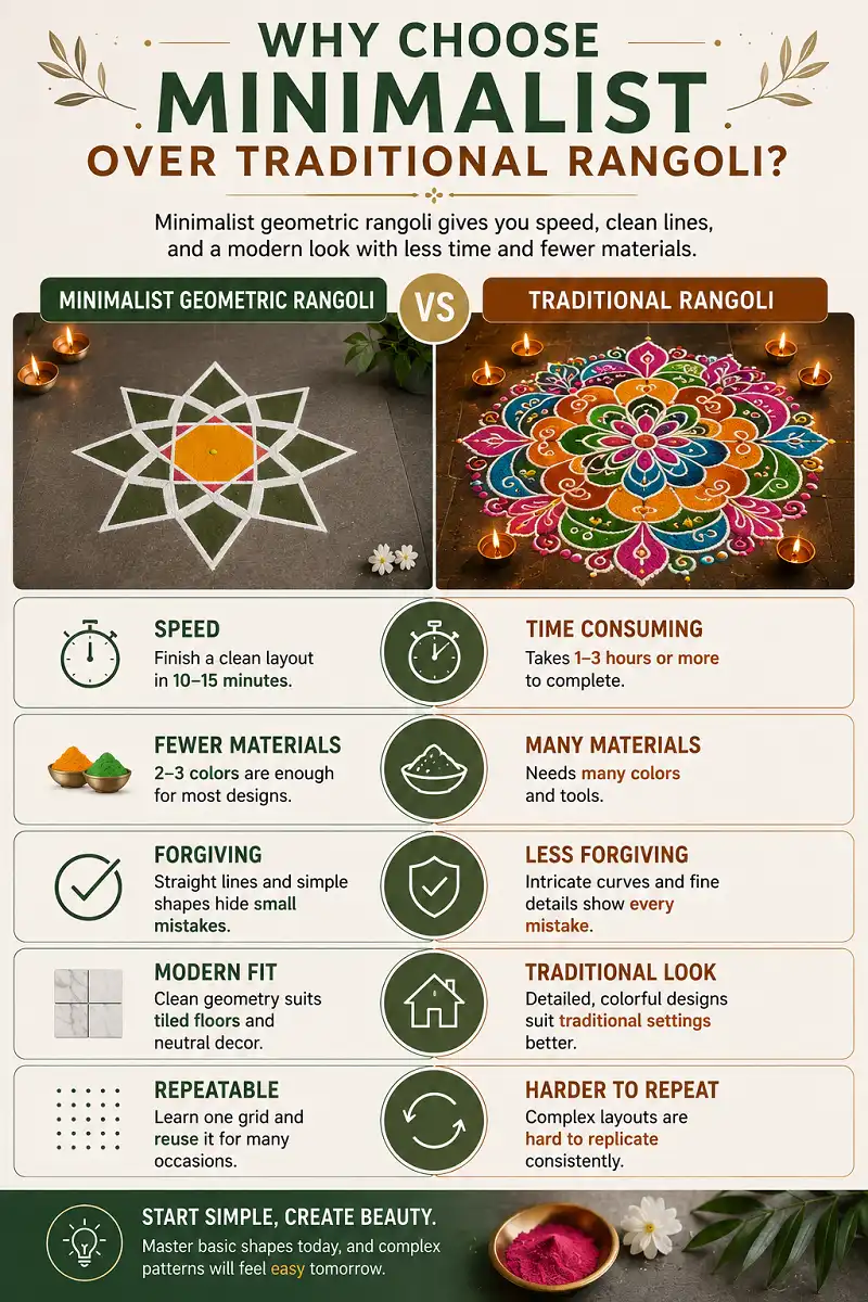Minimalist vs Traditional Rangoli: Faster, Simpler, Cleaner, and Easier to Repeat