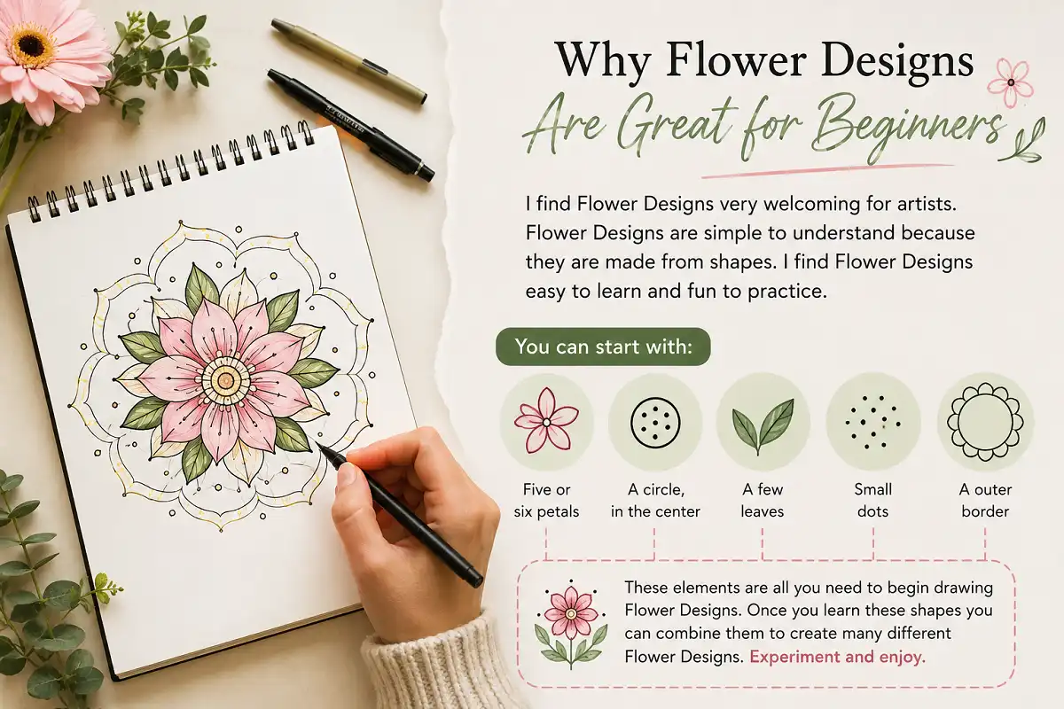 Beginner flower design infographic with petals, leaves, dots, and an outer border