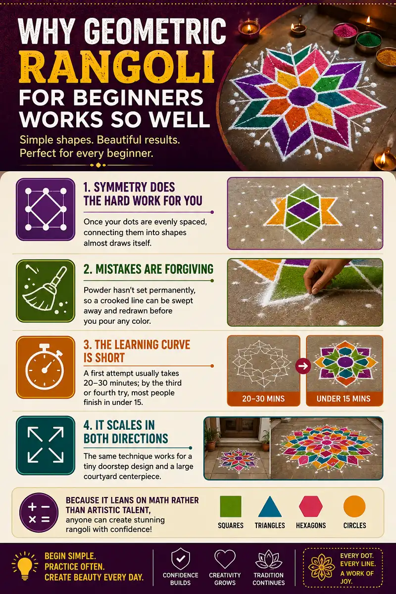 Infographic showing why geometric rangoli is easy for beginners to learn and create.