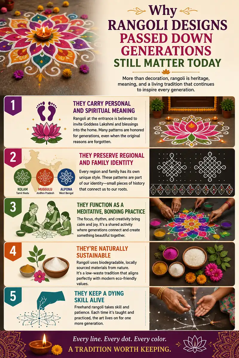 Infographic showing five reasons traditional rangoli designs still matter today.