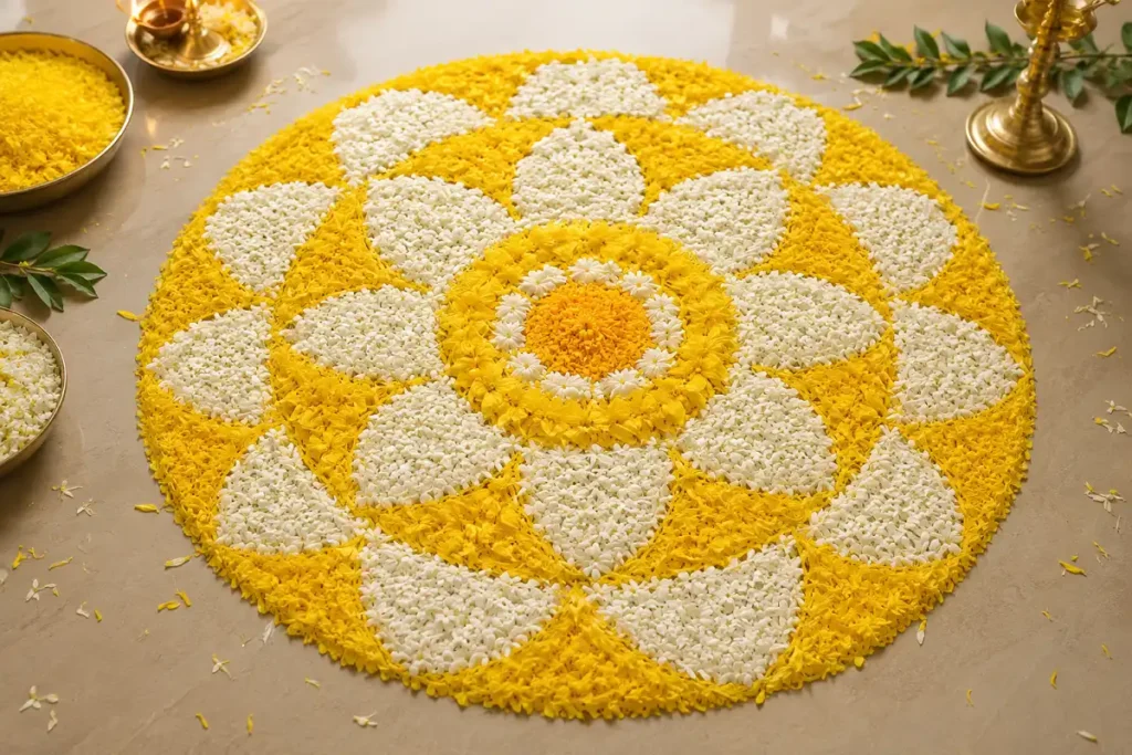 Beautiful yellow and white flower rangoli with intricate circular patterns and diya