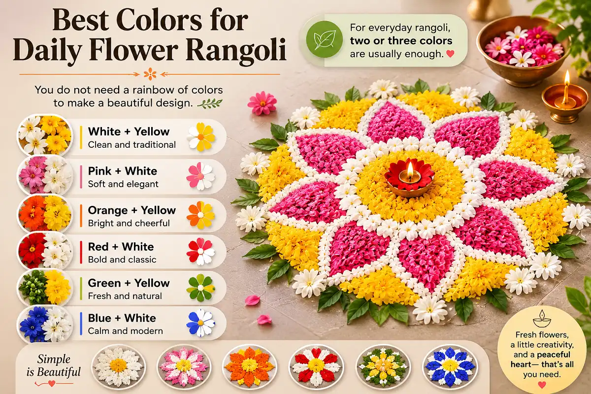 Best colors for daily flower rangoli showing six simple combinations: white and yellow, pink and white, orange and yellow, red and white, green and yellow, and blue and white