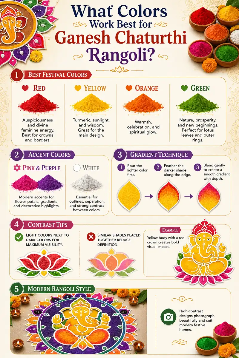A colorful infographic showing the best color combinations for Ganesh Chaturthi rangoli, explaining the symbolism of red, yellow, orange, green, pink, purple, and white, along with gradient blending and high-contrast design tips for festive floor decorations.
