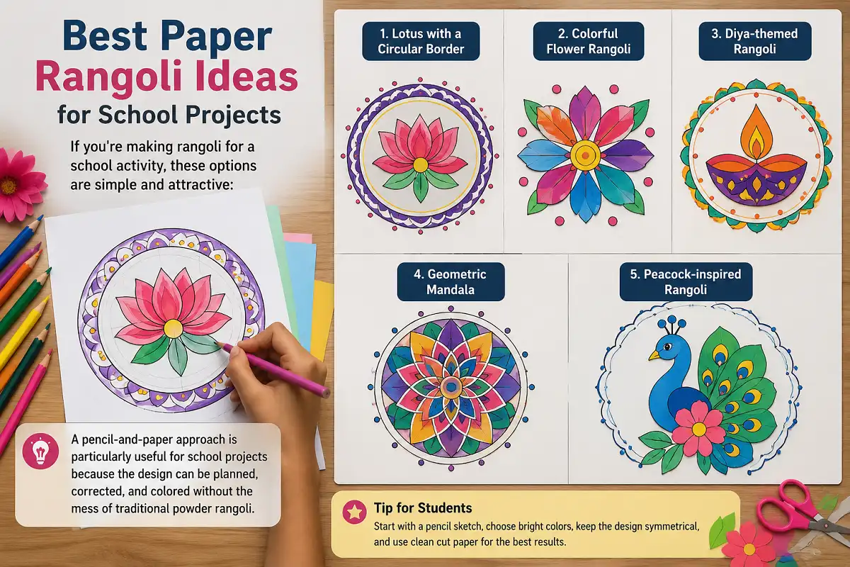 Paper rangoli ideas for school projects featuring lotus, flower, diya, mandala, and peacock designs