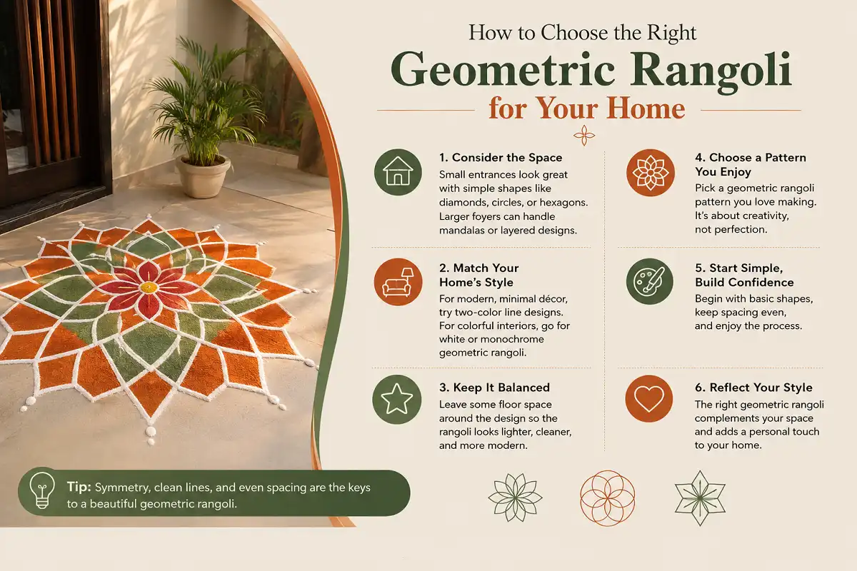 Infographic showing how to choose the right geometric rangoli for your home