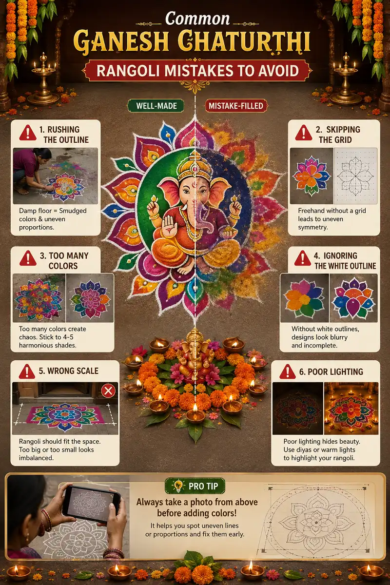 Infographic illustrating the most common Ganesh Chaturthi rangoli mistakes, including rushing the outline, skipping the grid, overloading colors, ignoring white borders, using the wrong scale, poor lighting, and the helpful tip of checking the sketch with a smartphone photo before adding colors.