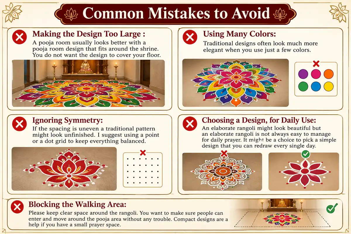 Common pooja room rangoli mistakes to avoid.