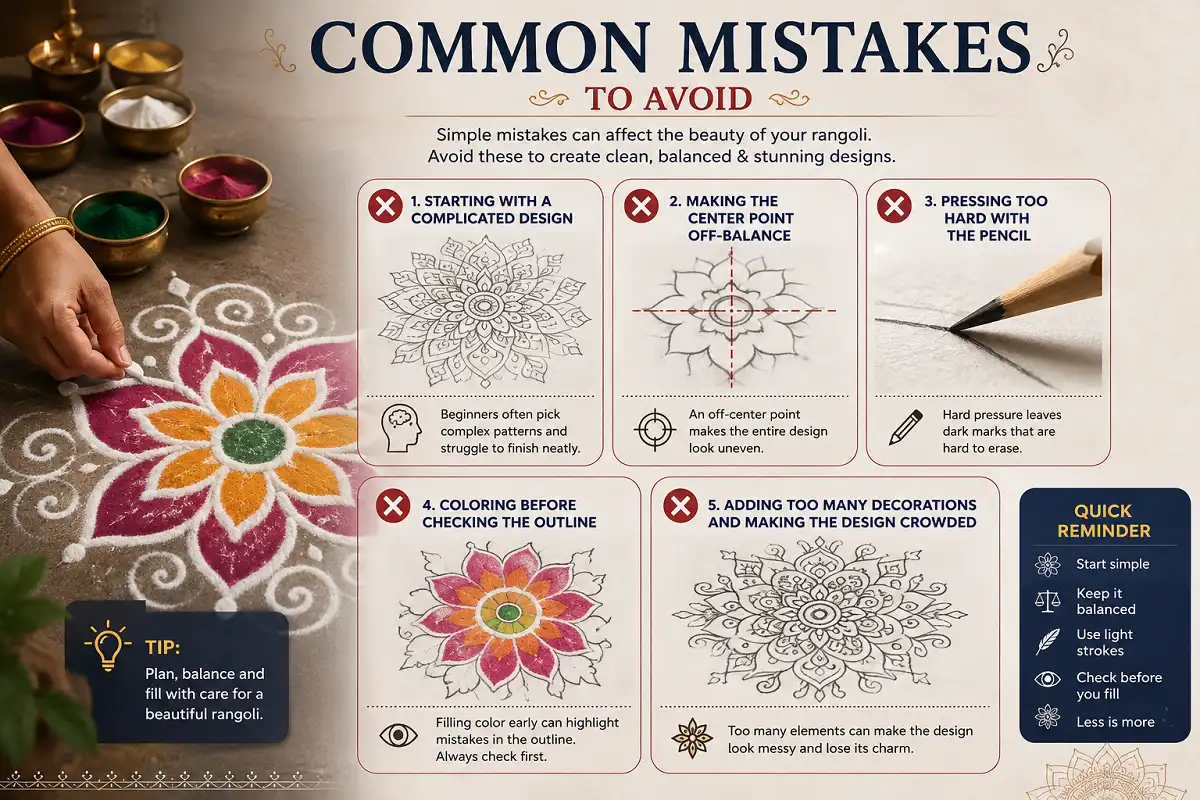 Common rangoli mistakes to avoid, including complex designs, off-center patterns, heavy pencil strokes, coloring before checking outlines, and overcrowded decorations
