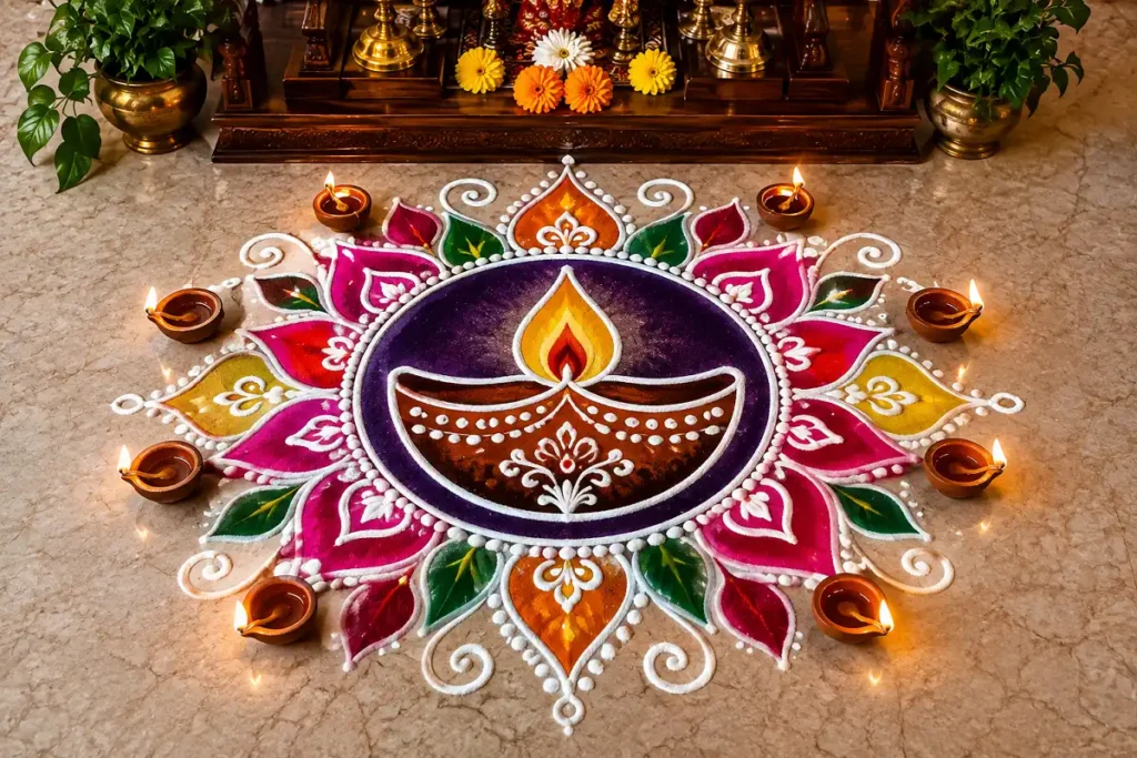 Colorful diya rangoli design for pooja room with traditional oil lamps