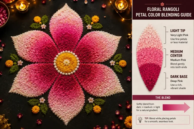 floral rangoli with gradient colors demonstrating how petals blend from dark base to light tip
