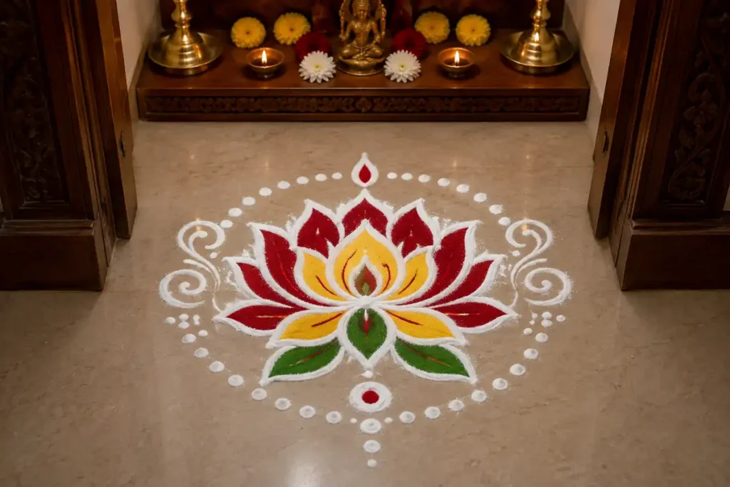 Colorful lotus flower rangoli design in front of a traditional pooja room