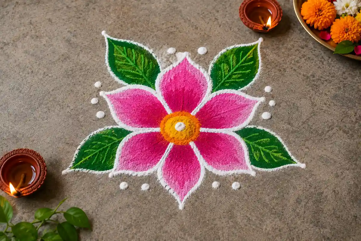 Flower rangoli with green leaves and diyas