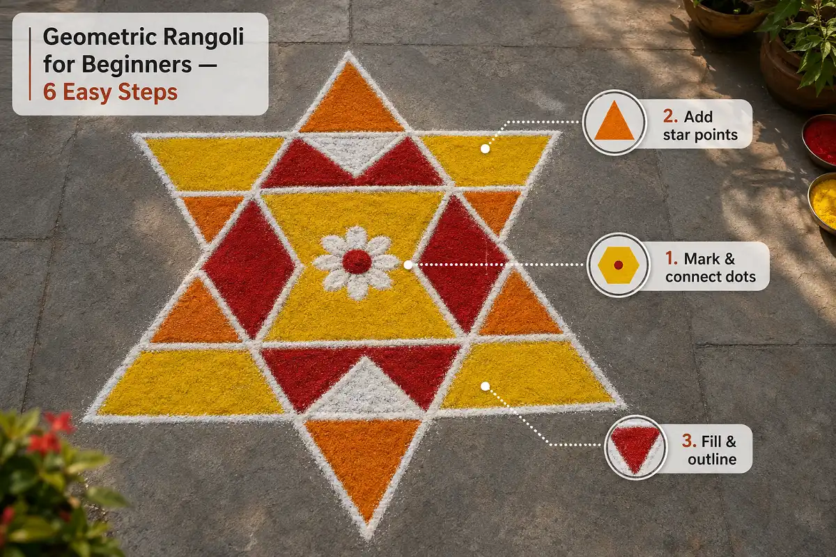 Geometric rangoli for beginners step-by-step infographic over a finished hexagon and triangle rangoli design