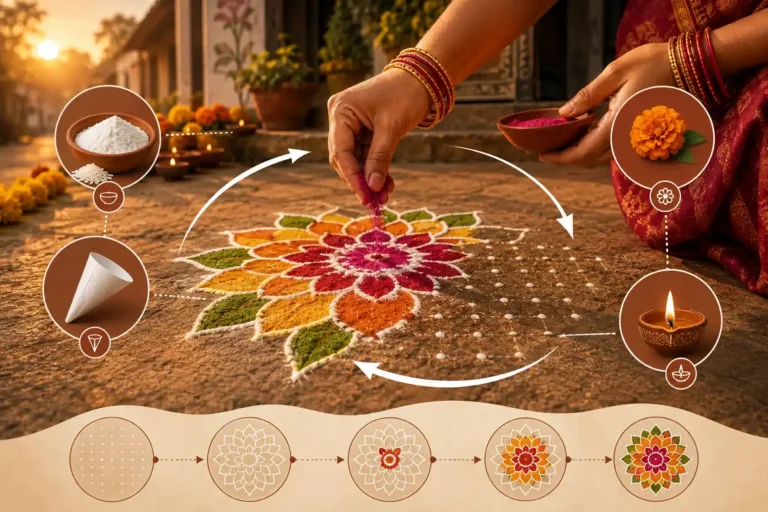 How to make beautiful rangoli design using colorful powder and simple steps.