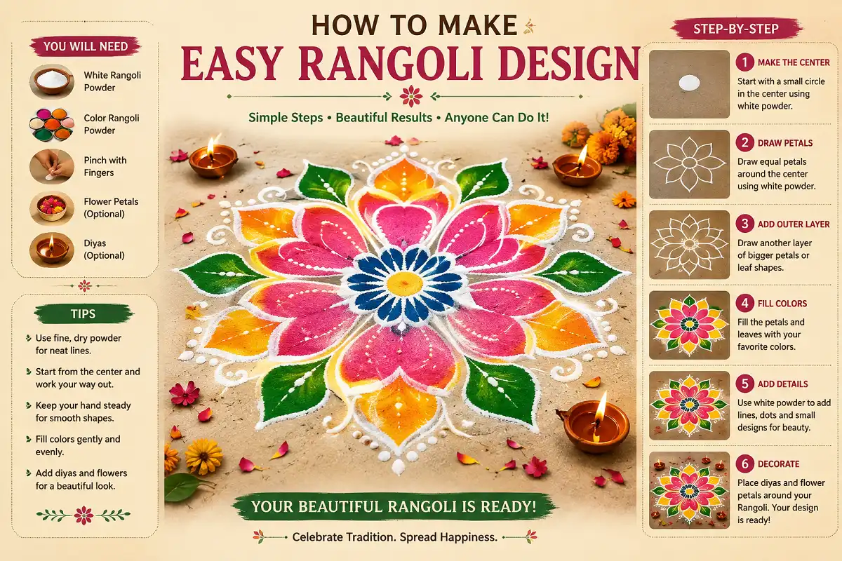 how to make easy rangoli design with colorful flower pattern