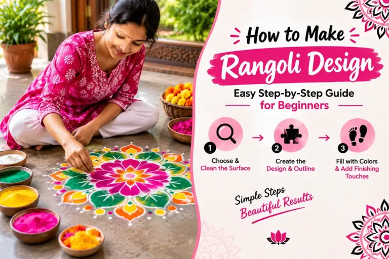 How to make Rangoli design step by step for beginners with colorful flower rangoli and materials