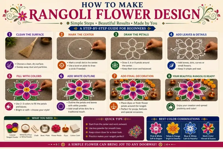 Step-by-step infographic showing how to make a rangoli flower design with petals, leaves, colors, white outlines, flowers, and diyas.