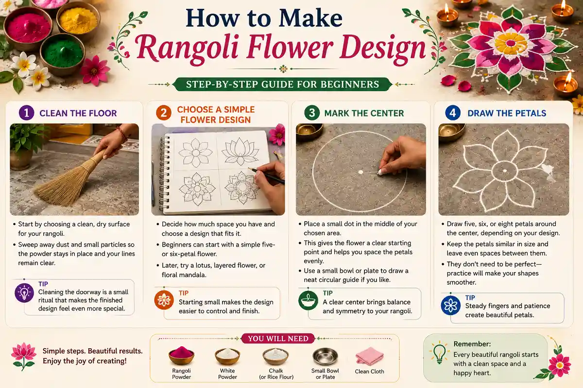 Step-by-step infographic showing how to make rangoli flower design